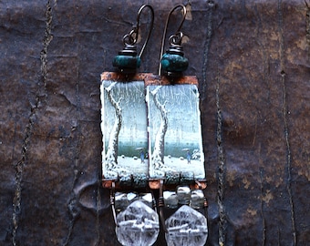 Handmade Enamel Copper Earrings Japanese Winter Artwork with Turquoise Gemstone, Czech Glass – Bohemian Style