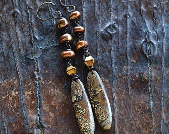 Chohua Jasper Dangle Earrings: Bronze Pearls, Bohemian Style
