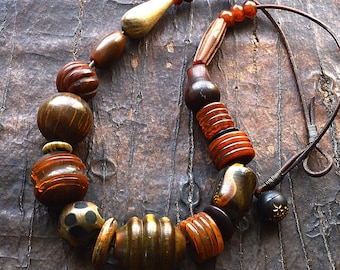 Hand Carved Natural Horn Bead Necklace, Chunky Tribal Artisan Made Leather Cord Jewelry