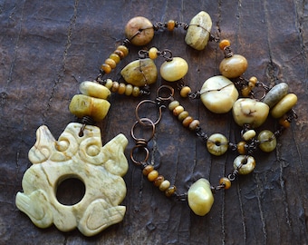 Chinese Serpentine Frog Amulet Pendant with African Opals, Pineapple Opal, Jade