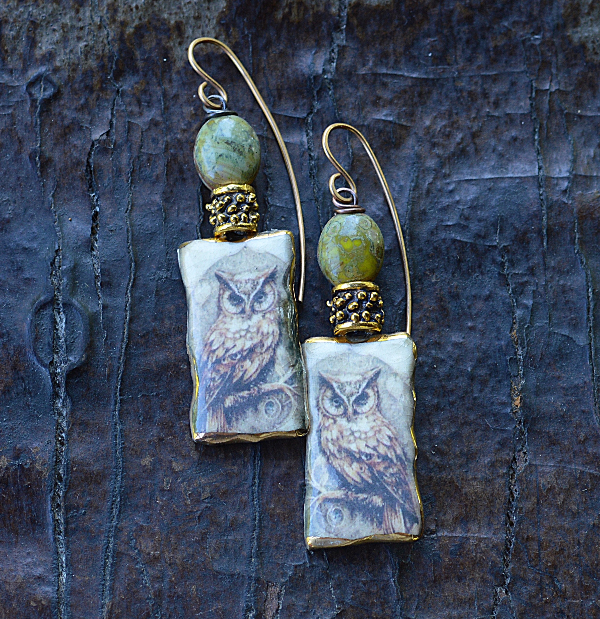 Artisan Ceramic Owl Dangle Earrings, Bohemian Bronze Wire