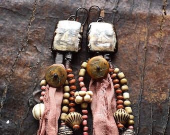 RESERVED FOR VANESSA. Modern Bohemian Artisan Long Clay Buddha Dangle Earrings Silk Indian Sari, Bone, Glass