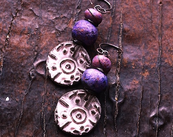 Handmade Ceramic Drop Earrings: Pale Pink, Purple Clay Beads