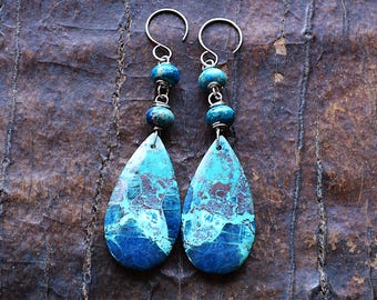 Chrysocolla Teardrop Dangle Earrings, Azurite Gemstones, 925 Sterling Silver Drop Earrings
