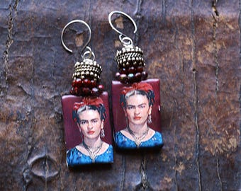 Frida Kahlo Artisan Made Clay Dangle Earring Modern Bohemian Assemblage Art to Wear Unique Rustic Elegant Earrings by Rascal Moon Design