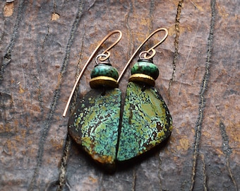 African Turquoise Gemstone Slice Drop Earrings Turquoise Green Blue