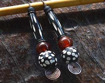 Handmade Tribal Earrings: Horn, Bone, and Skunk Bead Replicas