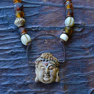 Picasso Jasper Buddha Necklace, Hand Carved Jasper Buddha, Artisan Made Assemblage Gemstone Necklace Vintage Bone Horn Rustic Elegance LOVE!