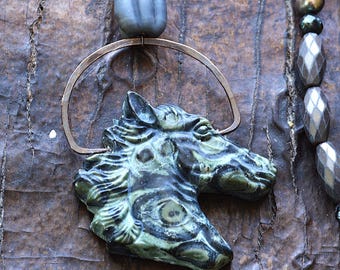 Hand Carved Kambaba Jasper Horse Pendant Necklace with Pearls, Hematite, Vintage Shell Bead
