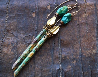 Chrysocolla Dangle Earrings, African Brass, Artisan Bronze Wire
