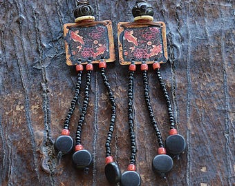 Enameled Copper Carp Dangle Earrings, Beaded Tassel, Ebony & Shell