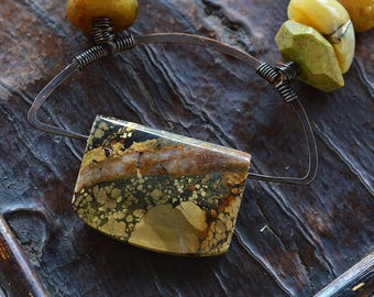 Artisan Mustard Turquoise Gemstone Necklace, Mookaite, Natural Horn & Copper