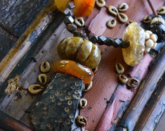 Black Agate Pendant Necklace: Carnelian, Jade & Hand Carved Beads