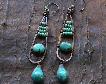 Turquoise Teardrop Duster Earrings, Copper Boho Jewelry