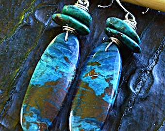 Chrysocolla Dangle Earrings, Sterling Silver Turquoise Gemstone Drop