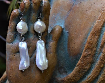 Glossy White Pearl Dangle Earrings Sterling Silver Natural Freshwater Pearls  Hand Made Jewelry