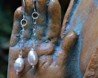 Delicate Barely Pink Freshwater Pearl Dangle Earrings Sterling Silver Flat Chain Natural Freshwater Pearls