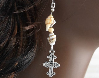 Beach Wedding Earrings With Cross For Christian Bride To Be / Religious Jewelry Accessory For Women