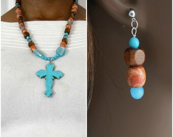 Two Piece Set of Jewelry With Cross Necklace and Earrings For Mother Bestie Girlfriend and Living In The Word / Christian Accessory Gift