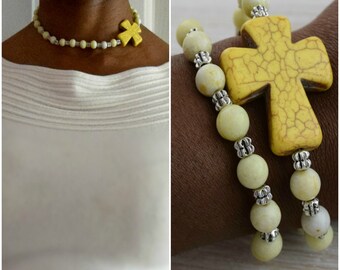 Religious Choker Necklace and Double Layer Bracelet For Mom Wife Best Friend / Christian Jewelry For Daughter / Sideways Cross Gift