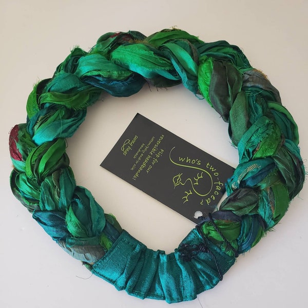 All the lush greens are woven into my Sari Silk Braided Headband; thick, comfortable, and adjustable! Upcycled sari silk is vibrant!