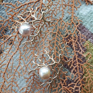 Gold Coral Pearl Earrings swing freeform 18kt gold Vermeil coral branches capturing golden Edison Pearls on goldfilled French earwires.