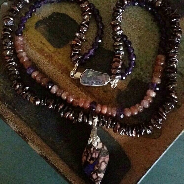 Sinuous Queensland Boulder Opal on sculpted silver, strands of bronze pearls, faceted amethyst, and smooth sunstone   - Walkabout Necklace