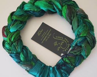 All the lush greens are woven into my Sari Silk Braided Headband; thick, comfortable, and adjustable! Upcycled sari silk is vibrant!