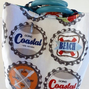 Proclaim your beach love with my exclusive Trio Bag in vinylized cotton! Collect the bottle caps that wipe clean with a damp cloth. Cool!