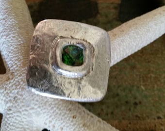 Emerald Silver Diamond Ring is my Fine Silver statement ring with a centered 8mm grassy green faceted CZ mounted in silky 999 silver.