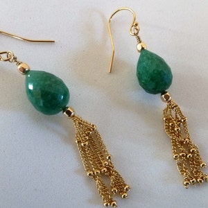 Ropada Fringe Earrings - plump faceted green Ropada gems, trailing golden fringes - bold and dressy swingers!
