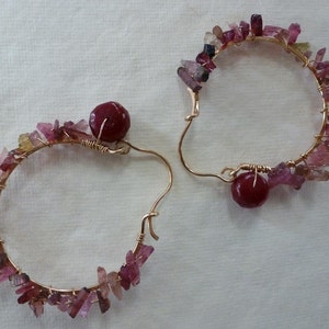 Ruby faceted beads, rose pink and green tourmaline spikes wired on hammered 14kt goldfilled Creole hoops look like Lush Earrings