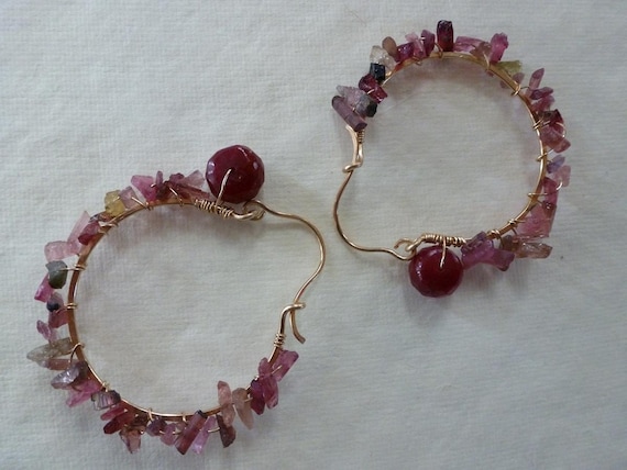 Ruby faceted beads, rose pink and green tourmaline spikes wired on hammered 14kt goldfilled Creole hoops look like Lush Earrings