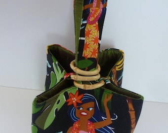 Black cotton Hawaiian Aloha Girls print, three bamboo ring closure and green or pink dupioni silk interior - handy wrist strap -  Trio Purse