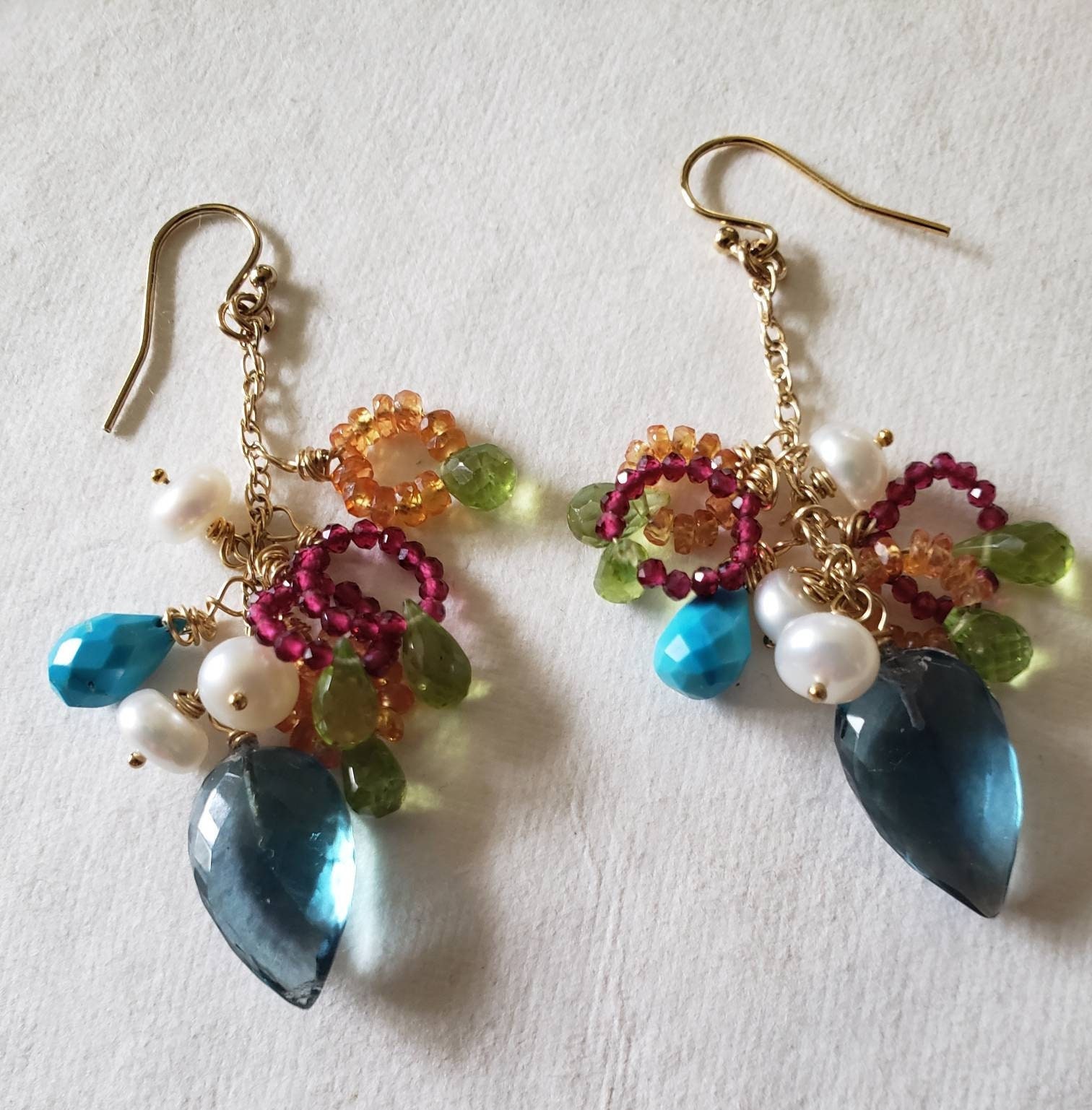 Pour on the Gems Earrings Cascade Down in Technicolor Blues, Green, Red,  Orange, and Pearl White, Wired With Gold to Sparkle and Twirl - Etsy