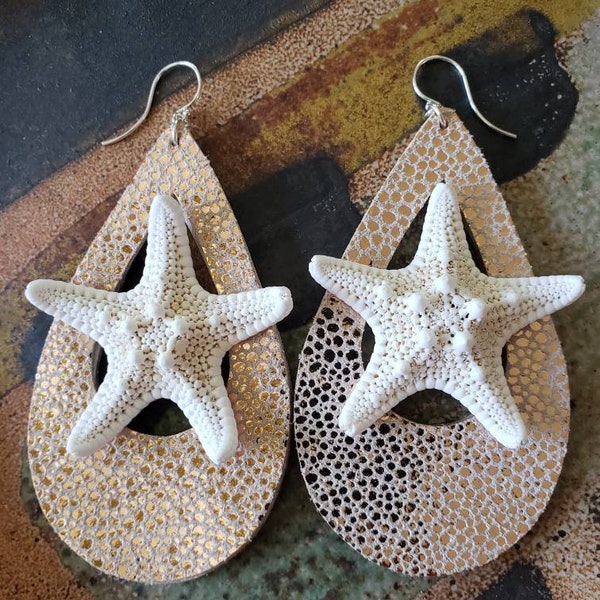 Natural Wonders Earrings are large preserved starfish mounted on leather teardrops in shiny pebbly peach. A light summery delight!