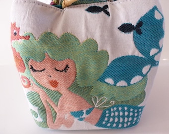 Mermaid Trio Bag - 100 percent upholstery weight cotton - lagoon blue dupioni silk - wood or bamboo rings - handy wrist strap - adorable!
