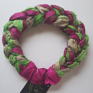 Fuchsia and fresh green raw edged sari silk compliment, woven into a bright Sari Silk Braided Headband! Adjustable comfort too!