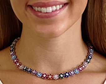 Colorful Diamond Tennis Chain Necklace, Faceted Zircon Diamonds Sparkling Floral Choker, Colorful Zircons, Statement Necklace, #1600