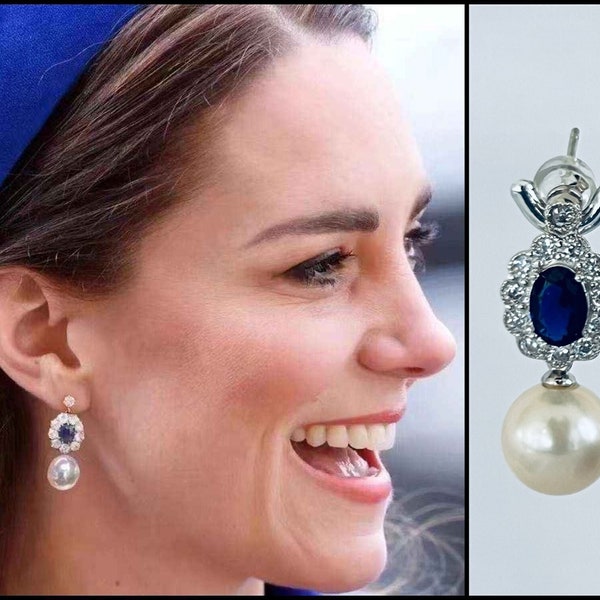 Princess Kate Inspired Zircon Sapphire Real AAA Pearl Drop Earrings, High Quality Sterling Silver Post Earrings, Royal Style #1568