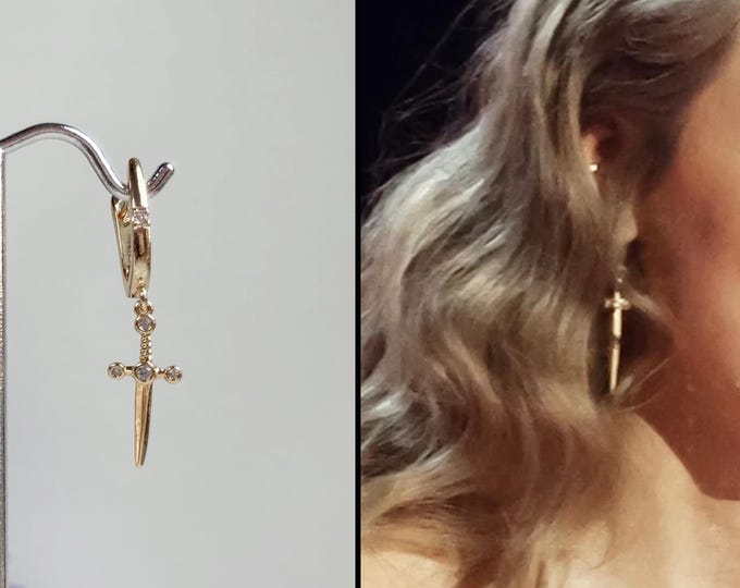 Taylor Swift Inspired Gold Sword Hoop Earrings, Zircon Click Hoops, Rock Star Jewelry, Gold Tiny Swords #1507