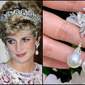 Princess Kate & Lady Diana High Quality Coronation Pearl Drop Earrings, Sterling Silver Zircon, Freshwater White Pearl, Royal Style #1569