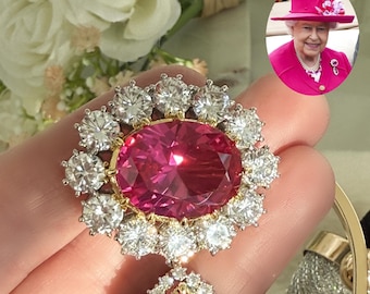 NOW in STOCK - Crown Ruby Brooch, Queen Elizabeth Inspiration, Large Ruby Zircon Center & Pear Tassel, Royal Replication #1804