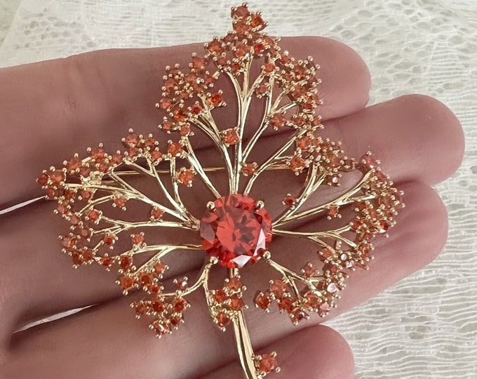 Fire Orange Crystal Maple Leaf Brooch, Gorgeous Sparkly Zircons Brooch, Royal Brooch Inspired with Canadian Maple Leaf Jewelry #1523