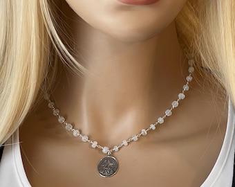 Sterling Silver Saint Michael Rosary Necklace ~ Saint Michael Protection Medallion on Rainbow Gemstone Sterling Silver Rosary, Air/Sea #1213