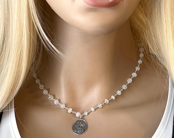 Sterling Silver Saint Michael Rosary Necklace ~ Saint Michael Protection Medallion on Rainbow Moonstone Gemstone Rosary, Air/Sea #1213