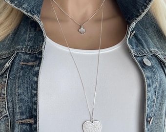 Silver Zircon Heart & MOP Clover Necklace Set, Sterling Silver Curb Chain Necklace, Mother of Pearl Clover, Big Multi CZ Heart, #1780-81