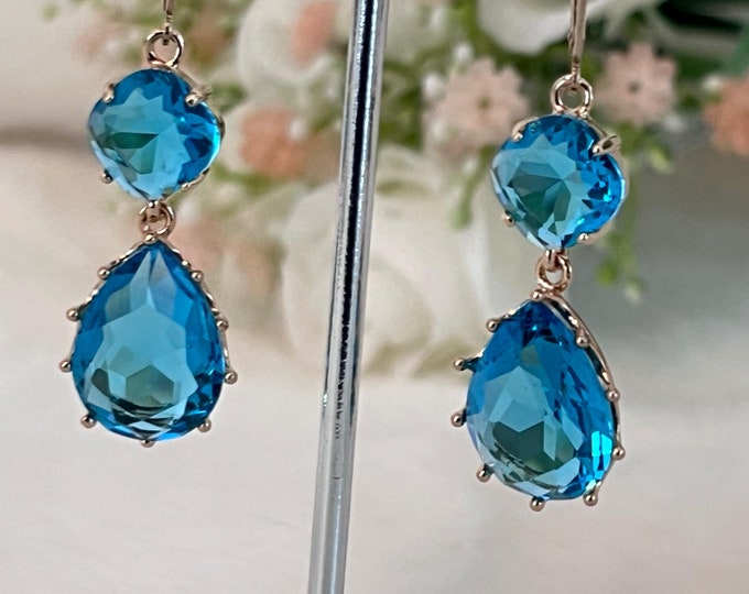 14k Gold Filled Leverback Blue Wedding Chandelier Earrings, Royal Bridgerton Design, Faceted Lake Blue Double Drop Earrings #1767