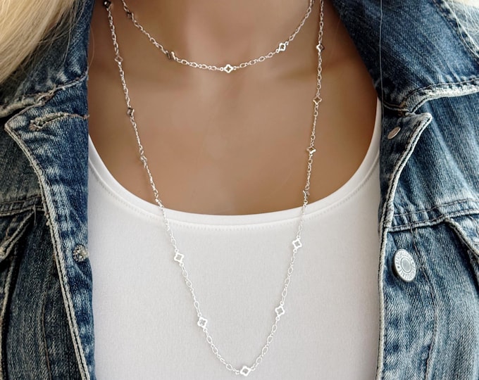 Silver Clover Chain Necklace: Choker or Long, Single & Double Wrap, U Link Lobster Clasp #1918