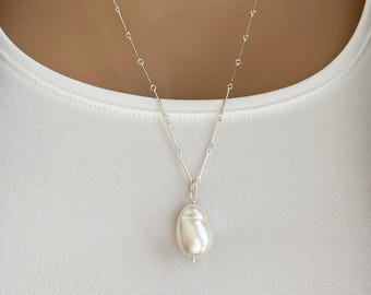 Sterling Silver Baroque Pearl Necklace, Silver Bar Link Chain, Large Freshwater Pearl, Elegant Minimal Chain, #1887